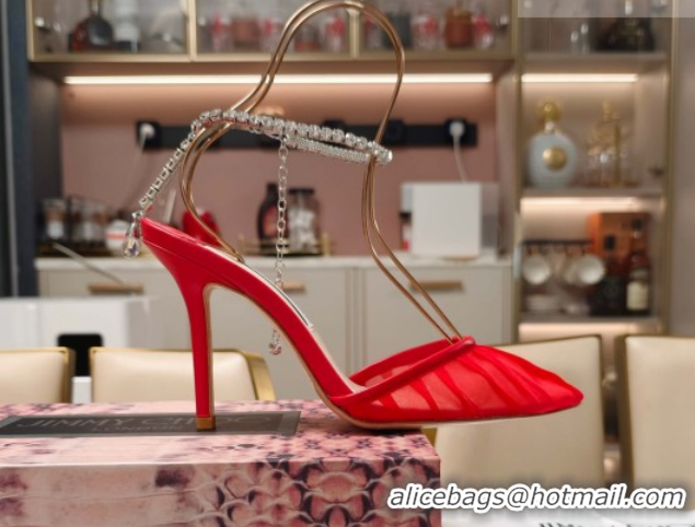 Best Grade Jimmy Choo Saeda Heel Pumps 10cm in Tulle Mesh with Strass Strap Red 0206117 2026