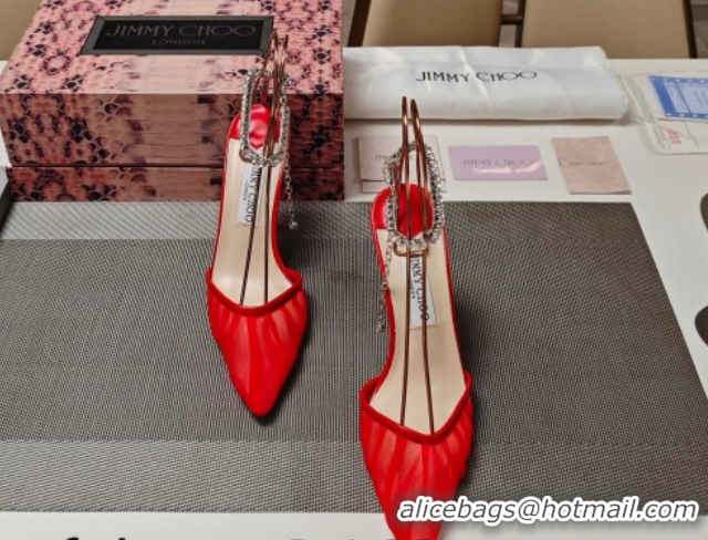 Best Grade Jimmy Choo Saeda Heel Pumps 10cm in Tulle Mesh with Strass Strap Red 0206117 2026