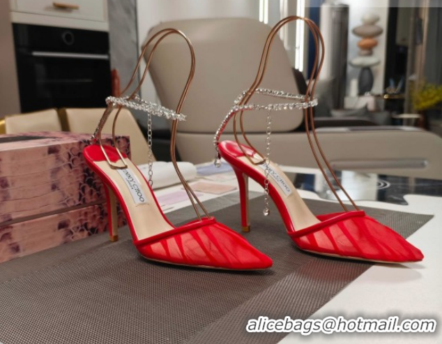 Best Grade Jimmy Choo Saeda Heel Pumps 10cm in Tulle Mesh with Strass Strap Red 0206117 2026