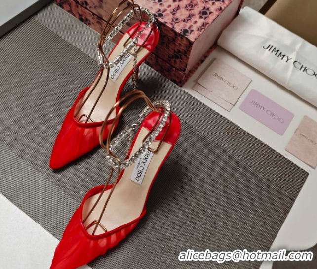 Best Grade Jimmy Choo Saeda Heel Pumps 10cm in Tulle Mesh with Strass Strap Red 0206117 2026