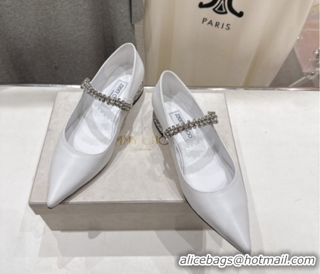 Unique Style Jimmy Choo Bing Pump Flat 2.5cm with Strass Strap in Patent Calfskin Leather Chalk White 0207002 2026