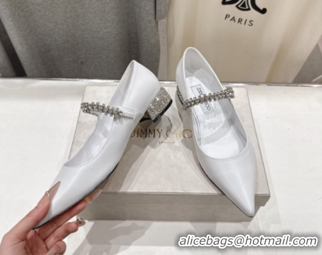 Unique Style Jimmy Choo Bing Pump Flat 2.5cm with Strass Strap in Patent Calfskin Leather Chalk White 0207002 2026