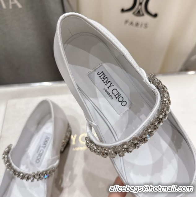 Unique Style Jimmy Choo Bing Pump Flat 2.5cm with Strass Strap in Patent Calfskin Leather Chalk White 0207002 2026