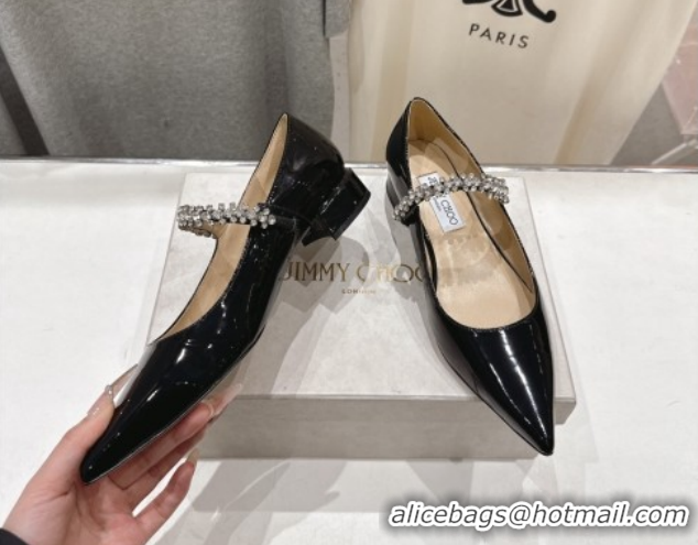 Luxurious Jimmy Choo Bing Pump Flat 2.5cm with Strass Strap in Patent Calfskin Leather 0207003 Black 2026
