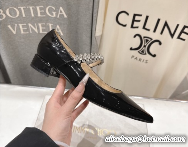 Luxurious Jimmy Choo Bing Pump Flat 2.5cm with Strass Strap in Patent Calfskin Leather 0207003 Black 2026