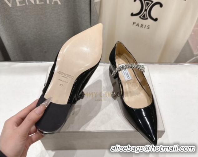 Luxurious Jimmy Choo Bing Pump Flat 2.5cm with Strass Strap in Patent Calfskin Leather 0207003 Black 2026