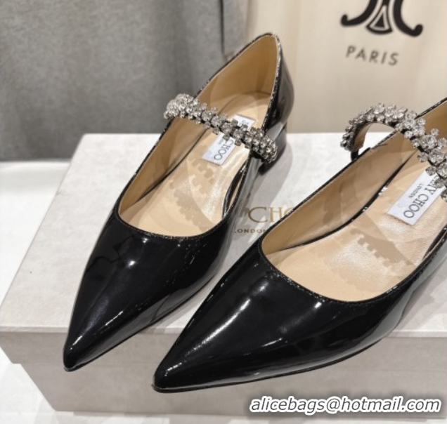 Luxurious Jimmy Choo Bing Pump Flat 2.5cm with Strass Strap in Patent Calfskin Leather 0207003 Black 2026
