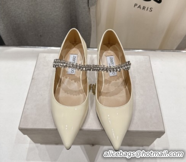 Top Design Jimmy Choo Bing Pump Flat 2.5cm with Strass Strap in Patent Calfskin Leather Ivory 0207005 2026