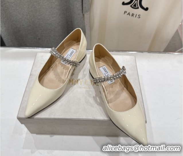 Top Design Jimmy Choo Bing Pump Flat 2.5cm with Strass Strap in Patent Calfskin Leather Ivory 0207005 2026