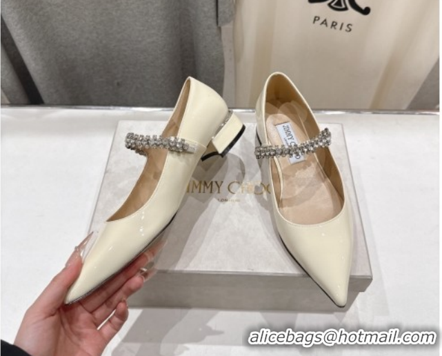 Top Design Jimmy Choo Bing Pump Flat 2.5cm with Strass Strap in Patent Calfskin Leather Ivory 0207005 2026