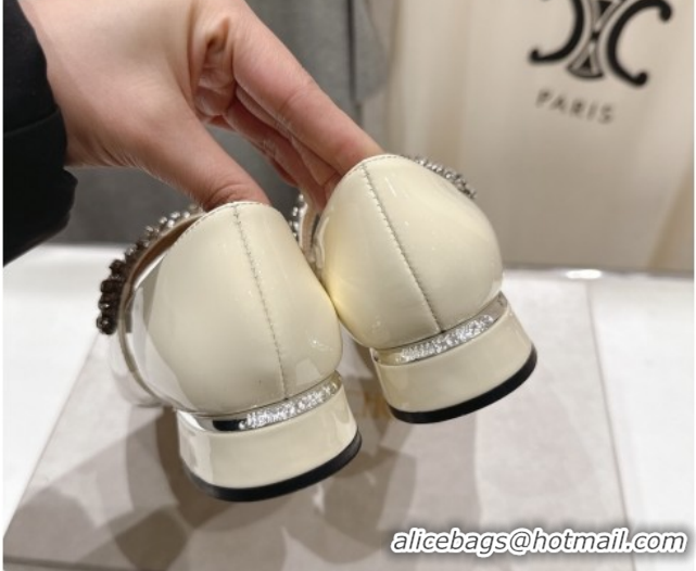 Top Design Jimmy Choo Bing Pump Flat 2.5cm with Strass Strap in Patent Calfskin Leather Ivory 0207005 2026