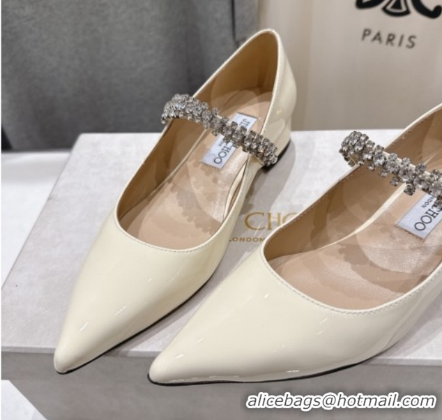 Top Design Jimmy Choo Bing Pump Flat 2.5cm with Strass Strap in Patent Calfskin Leather Ivory 0207005 2026