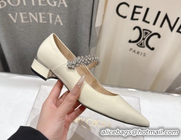 Top Design Jimmy Choo Bing Pump Flat 2.5cm with Strass Strap in Patent Calfskin Leather Ivory 0207005 2026