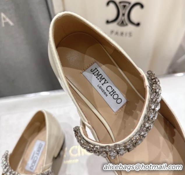 Top Design Jimmy Choo Bing Pump Flat 2.5cm with Strass Strap in Patent Calfskin Leather Ivory 0207005 2026