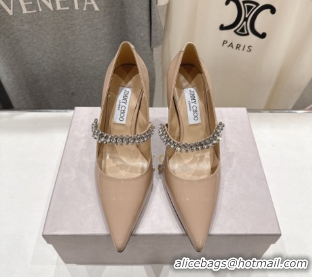 Shop Duplicate Jimmy Choo Bing Pumps 8.5cm with Strass Strap in Patent Calfskin Leather 0207007 Nude Pink 2026