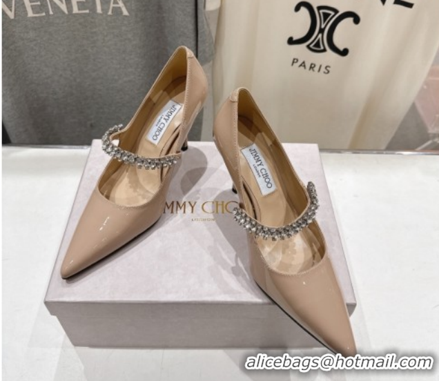 Shop Duplicate Jimmy Choo Bing Pumps 8.5cm with Strass Strap in Patent Calfskin Leather 0207007 Nude Pink 2026