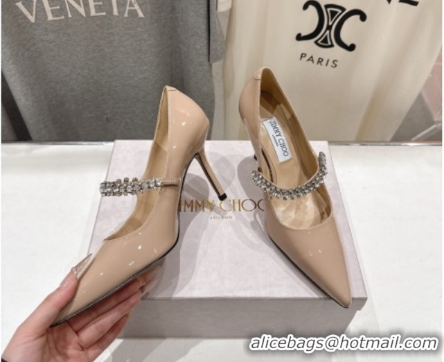 Shop Duplicate Jimmy Choo Bing Pumps 8.5cm with Strass Strap in Patent Calfskin Leather 0207007 Nude Pink 2026