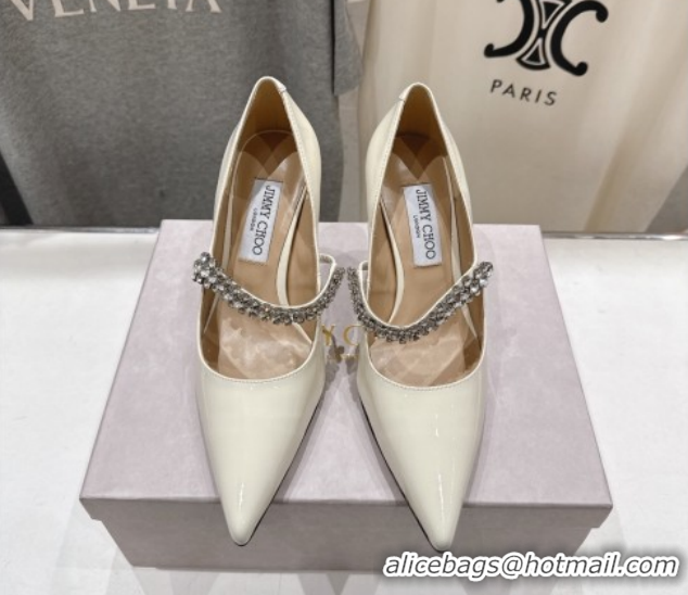 Top Quality Jimmy Choo Bing Pumps 8.5cm with Strass Strap in Patent Calfskin Leather 0207007 White 2026