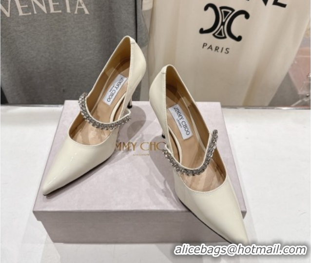Top Quality Jimmy Choo Bing Pumps 8.5cm with Strass Strap in Patent Calfskin Leather 0207007 White 2026