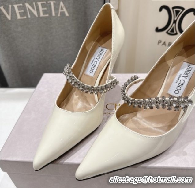 Top Quality Jimmy Choo Bing Pumps 8.5cm with Strass Strap in Patent Calfskin Leather 0207007 White 2026