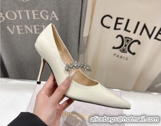 Top Quality Jimmy Choo Bing Pumps 8.5cm with Strass Strap in Patent Calfskin Leather 0207007 White 2026
