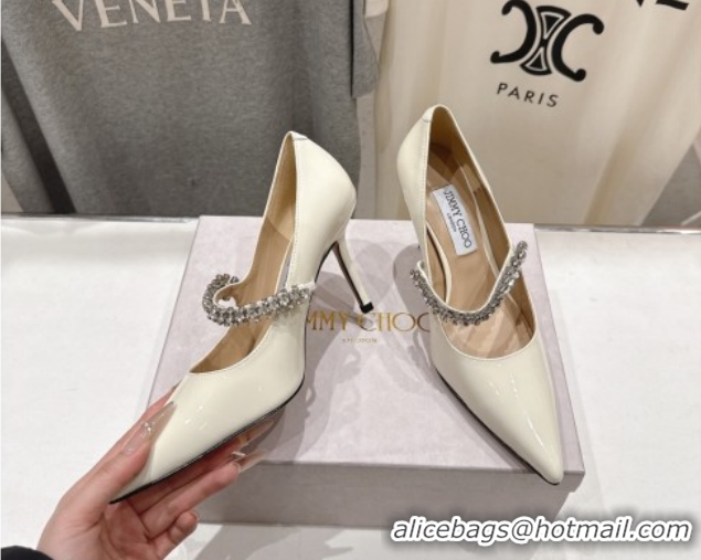 Top Quality Jimmy Choo Bing Pumps 8.5cm with Strass Strap in Patent Calfskin Leather 0207007 White 2026
