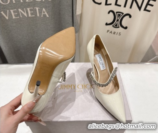 Top Quality Jimmy Choo Bing Pumps 8.5cm with Strass Strap in Patent Calfskin Leather 0207007 White 2026