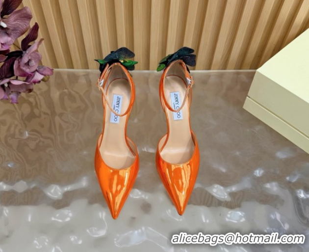 Stylish Jimmy Choo Marja Pumps 10cm in Patent Leather with Flower Orange 0207019 2026
