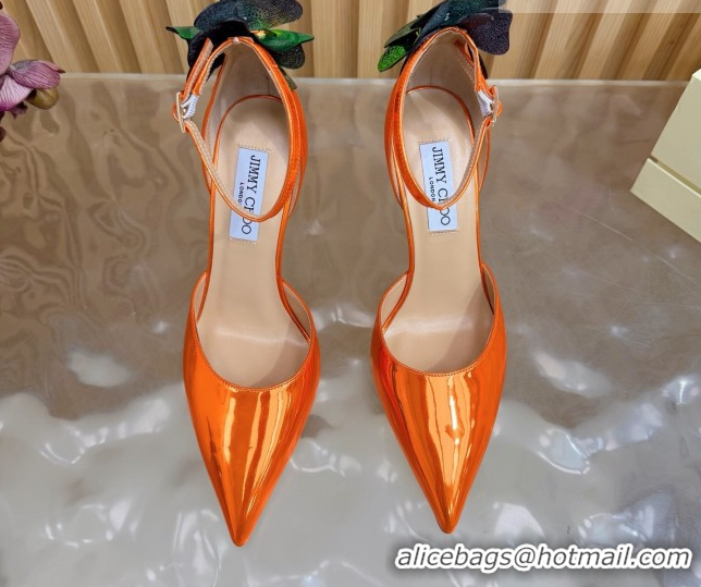 Stylish Jimmy Choo Marja Pumps 10cm in Patent Leather with Flower Orange 0207019 2026
