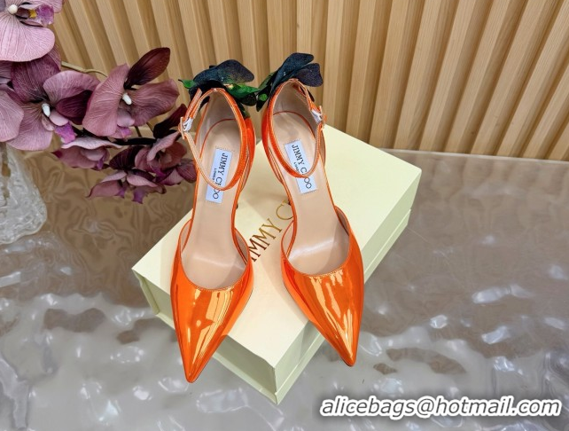 Stylish Jimmy Choo Marja Pumps 10cm in Patent Leather with Flower Orange 0207019 2026