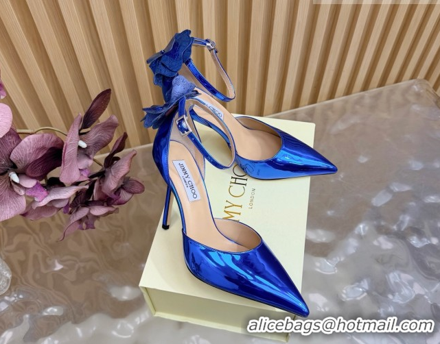 Stylish Jimmy Choo Marja Pumps 10cm in Patent Leather with Flower Blue 0207020 2026