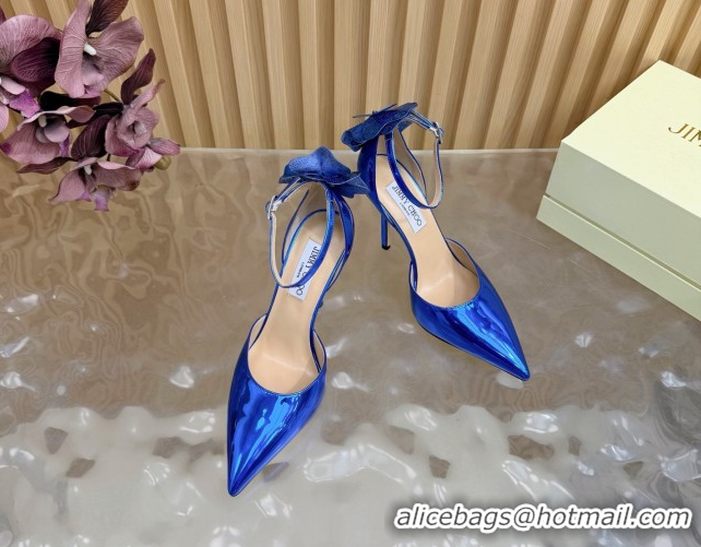 Stylish Jimmy Choo Marja Pumps 10cm in Patent Leather with Flower Blue 0207020 2026