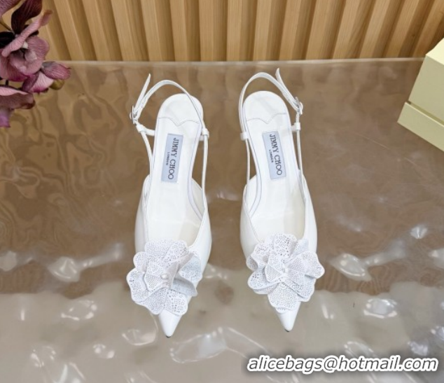 Good Quality Jimmy Choo Mimmi Sling Back Pumps 6.5cm in Calfskin Leather with Flower White 0207022 2026