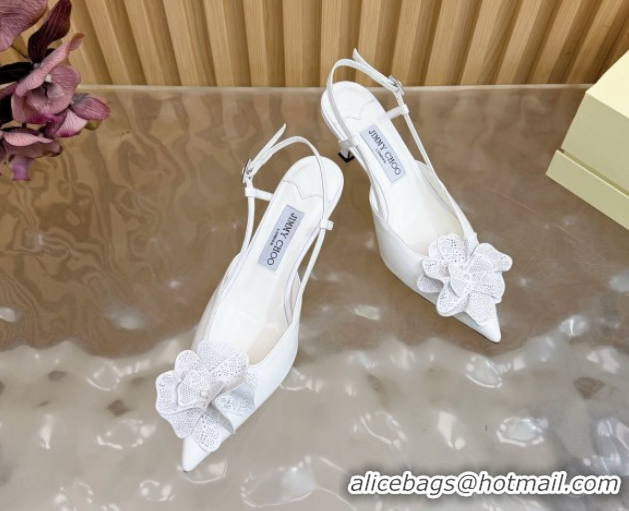 Good Quality Jimmy Choo Mimmi Sling Back Pumps 6.5cm in Calfskin Leather with Flower White 0207022 2026