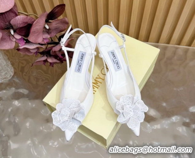 Good Quality Jimmy Choo Mimmi Sling Back Pumps 6.5cm in Calfskin Leather with Flower White 0207022 2026