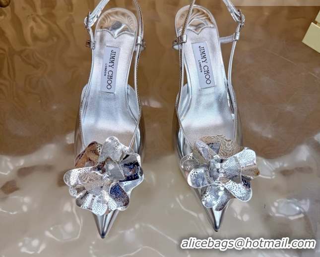 Sophisticated Jimmy Choo Mimmi Sling Back Pumps 6.5cm in Patent Leather with Flower Silver 0207023 2026