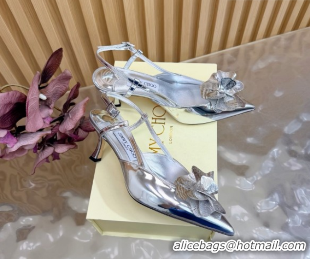 Sophisticated Jimmy Choo Mimmi Sling Back Pumps 6.5cm in Patent Leather with Flower Silver 0207023 2026