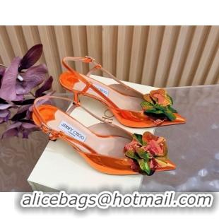 Sumptuous Jimmy Choo Mimmi Sling Back Pumps 6.5cm in Patent Leather with Flower Orange 0207025 2026