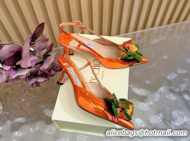 Sumptuous Jimmy Choo Mimmi Sling Back Pumps 6.5cm in Patent Leather with Flower Orange 0207025 2026