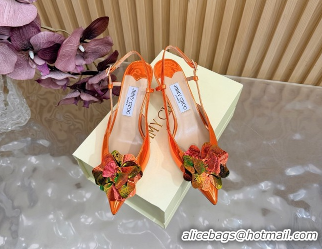 Sumptuous Jimmy Choo Mimmi Sling Back Pumps 6.5cm in Patent Leather with Flower Orange 0207025 2026