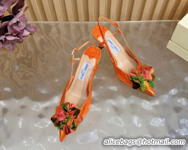 Sumptuous Jimmy Choo Mimmi Sling Back Pumps 6.5cm in Patent Leather with Flower Orange 0207025 2026