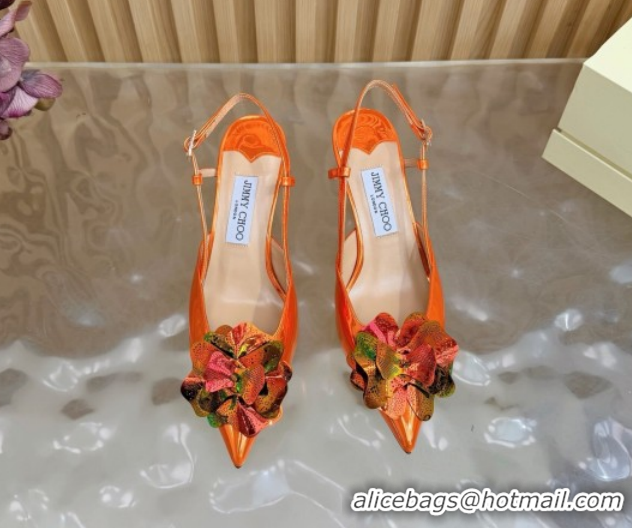 Sumptuous Jimmy Choo Mimmi Sling Back Pumps 6.5cm in Patent Leather with Flower Orange 0207025 2026