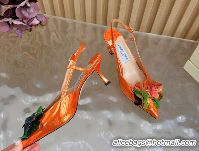 Sumptuous Jimmy Choo Mimmi Sling Back Pumps 6.5cm in Patent Leather with Flower Orange 0207025 2026