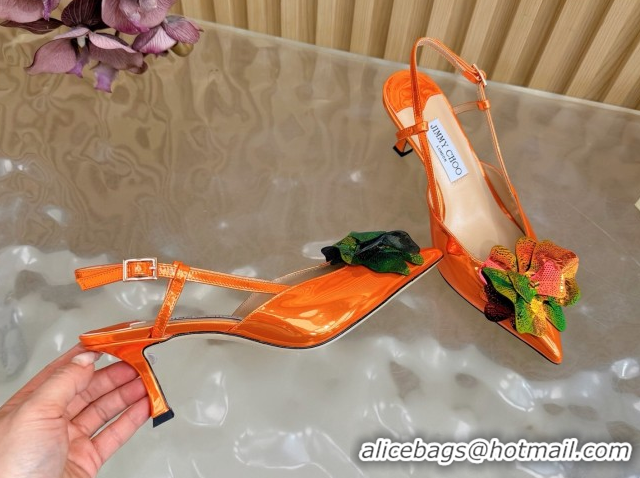 Sumptuous Jimmy Choo Mimmi Sling Back Pumps 6.5cm in Patent Leather with Flower Orange 0207025 2026