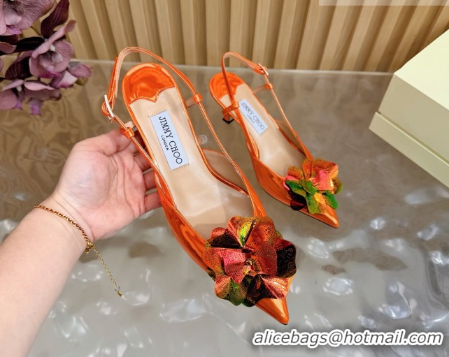 Sumptuous Jimmy Choo Mimmi Sling Back Pumps 6.5cm in Patent Leather with Flower Orange 0207025 2026