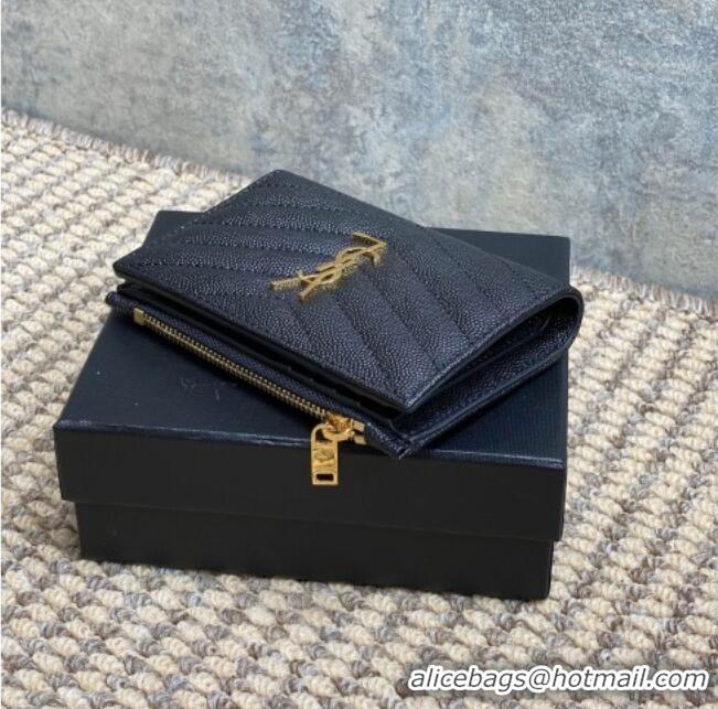 Inexpensive Saint Laurent Grained Leather Short Wallet 575974 Black/Gold 2026