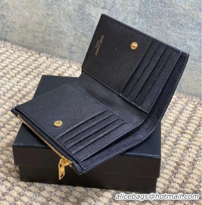 Inexpensive Saint Laurent Grained Leather Short Wallet 575974 Black/Gold 2026