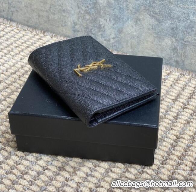 Inexpensive Saint Laurent Grained Leather Short Wallet 575974 Black/Gold 2026