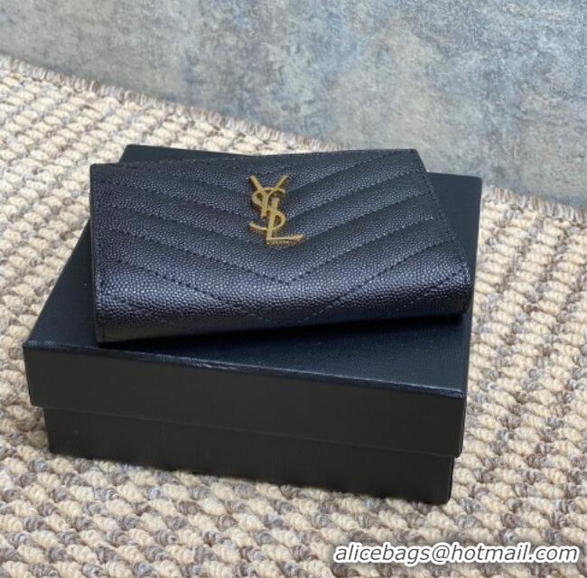 Inexpensive Saint Laurent Grained Leather Short Wallet 575974 Black/Gold 2026
