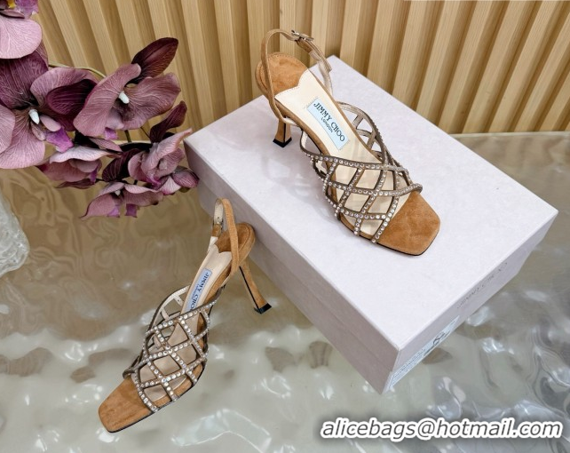 Luxury Jimmy Choo Suede and Strass Heel Sandals 9cm JC020701 Brown 2026